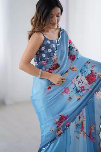 Chiffon digital print scallped border foil mirror work saree