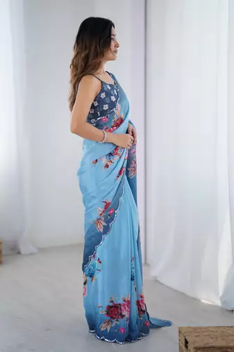 Chiffon digital print scallped border foil mirror work saree