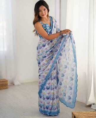 Chiffon digital print scallped border foil mirror work saree 1