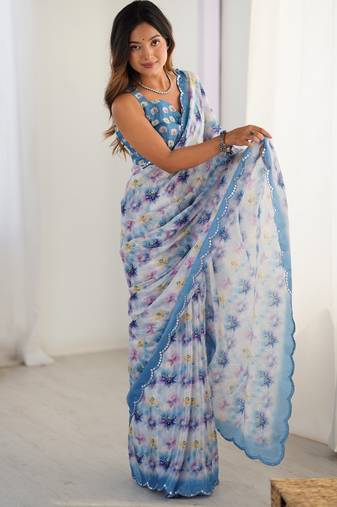 Chiffon digital print scallped border foil mirror work saree