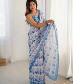 Chiffon digital print scallped border foil mirror work saree