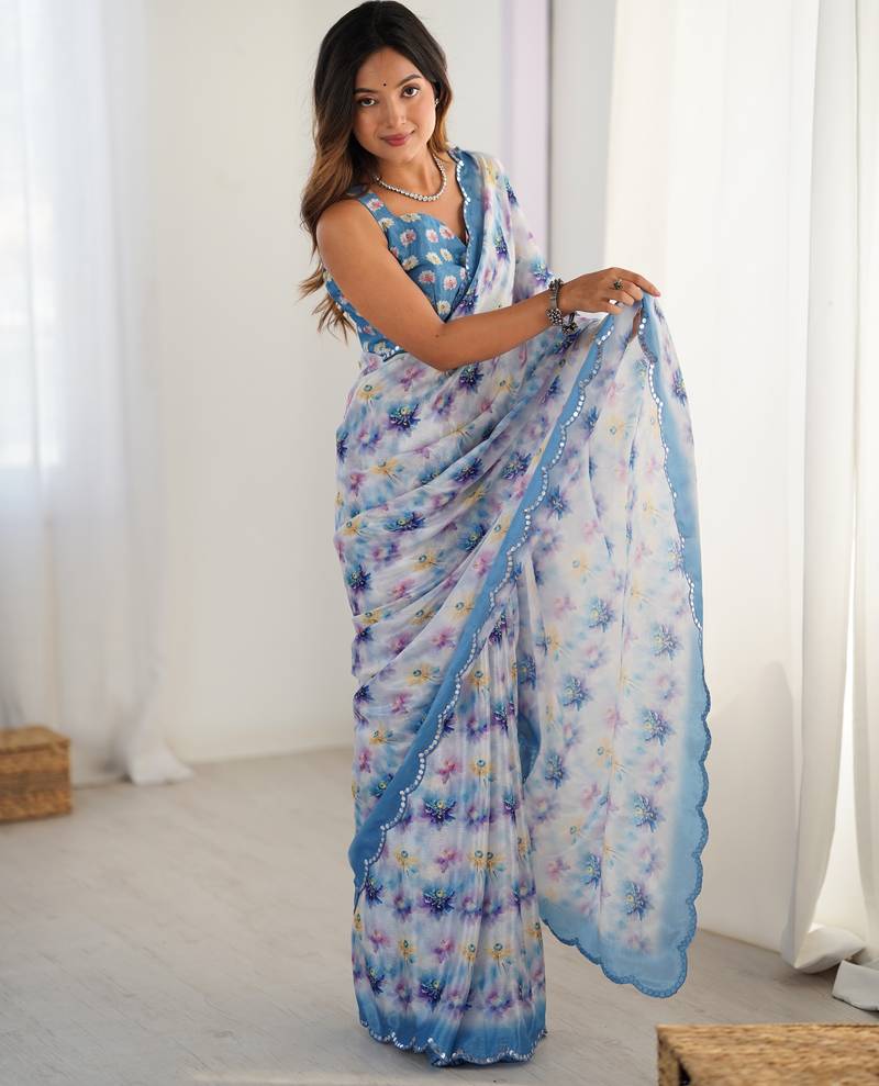 Chiffon digital print scallped border foil mirror work saree