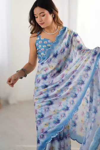 Chiffon digital print scallped border foil mirror work saree