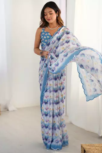 Chiffon digital print scallped border foil mirror work saree