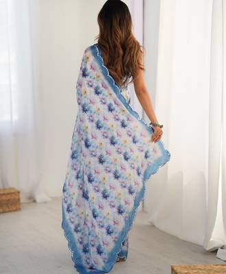 Chiffon digital print scallped border foil mirror work saree 4