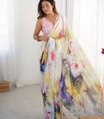 Chiffon digital print scallped border foil mirror work saree