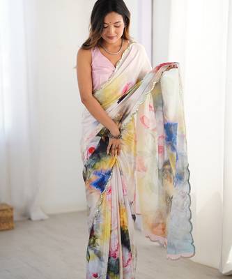 Chiffon digital print scallped border foil mirror work saree 4