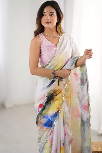 Chiffon digital print scallped border foil mirror work saree