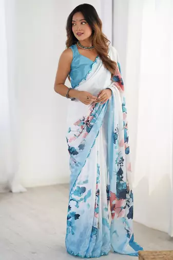 Chiffon digital print scallped border foil mirror work saree