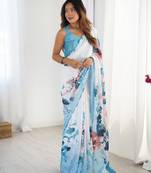 Chiffon digital print scallped border foil mirror work saree