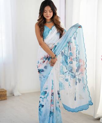 Chiffon digital print scallped border foil mirror work saree 2