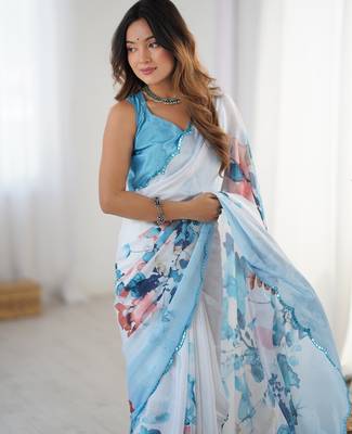 Chiffon digital print scallped border foil mirror work saree 3