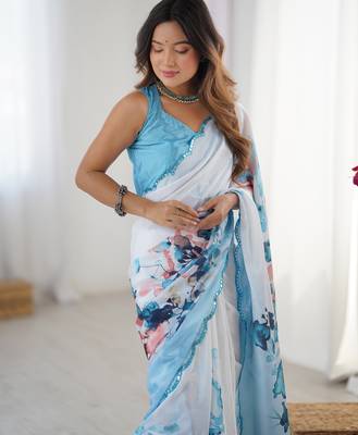 Chiffon digital print scallped border foil mirror work saree 4