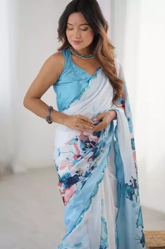 Chiffon digital print scallped border foil mirror work saree