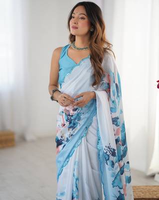 Chiffon digital print scallped border foil mirror work saree 5