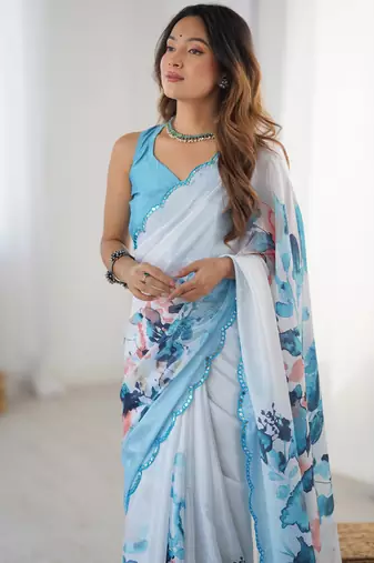 Chiffon digital print scallped border foil mirror work saree