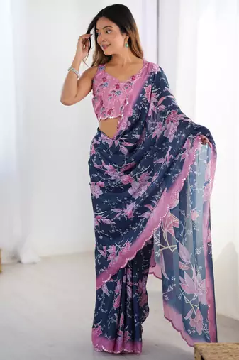 Chiffon digital print scallped border foil mirror work saree