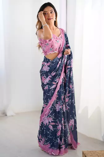 Chiffon digital print scallped border foil mirror work saree