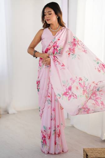 Chiffon digital print scallped border foil mirror work saree