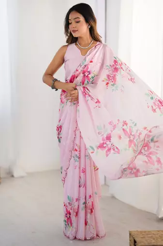 Chiffon digital print scallped border foil mirror work saree