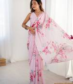 Chiffon digital print scallped border foil mirror work saree
