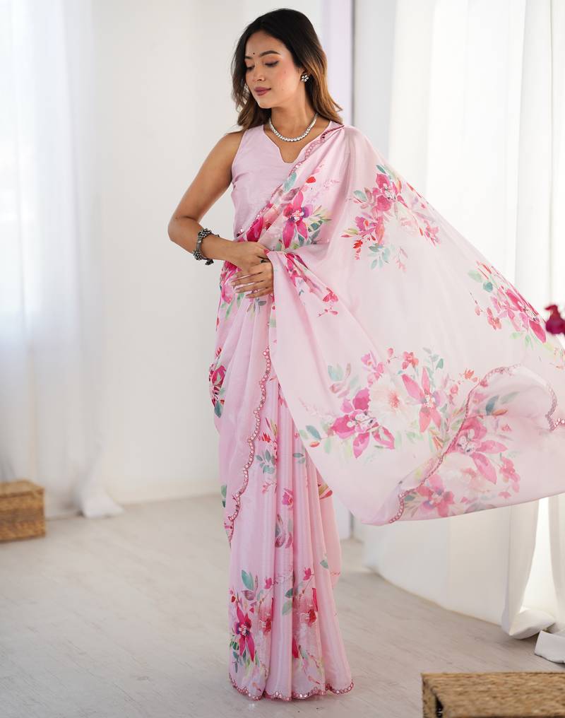 Chiffon digital print scallped border foil mirror work saree
