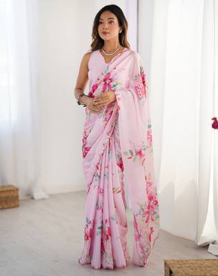 Chiffon digital print scallped border foil mirror work saree 2