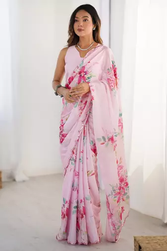 Chiffon digital print scallped border foil mirror work saree