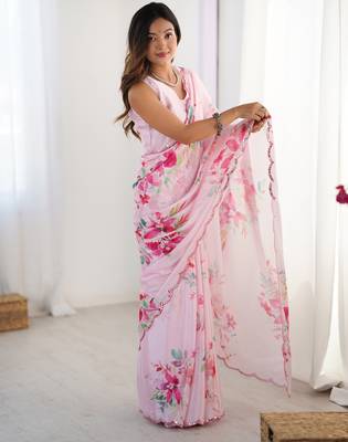 Chiffon digital print scallped border foil mirror work saree 3