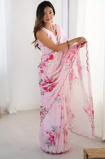 Chiffon digital print scallped border foil mirror work saree