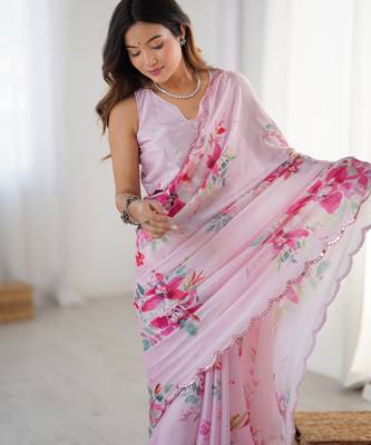 Chiffon digital print scallped border foil mirror work saree 4