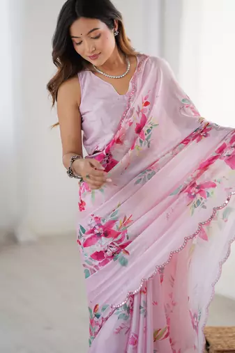 Chiffon digital print scallped border foil mirror work saree
