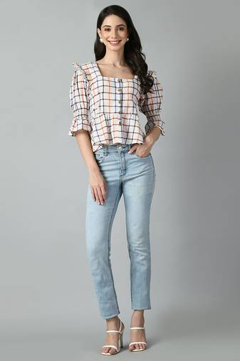 Checked square neck puff sleeves pleated detailed peplum top