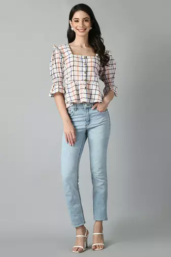Checked square neck puff sleeves pleated detailed peplum top