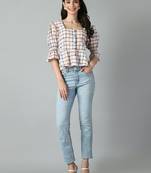 Checked square neck puff sleeves pleated detailed peplum top