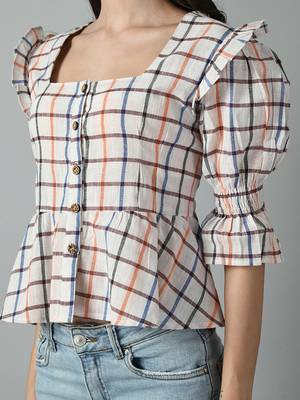 Checked square neck puff sleeves pleated detailed peplum top 2