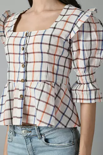 Checked square neck puff sleeves pleated detailed peplum top