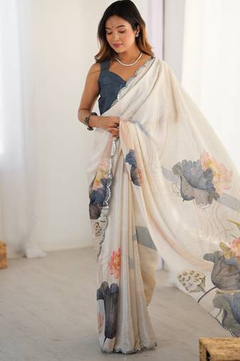 Chiffon digital print scallped border foil mirror work saree