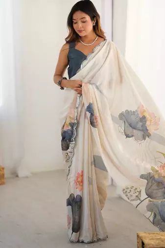 Chiffon digital print scallped border foil mirror work saree