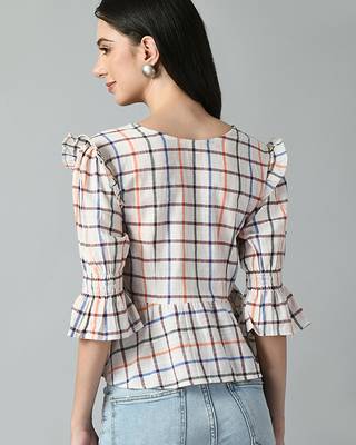 Checked square neck puff sleeves pleated detailed peplum top 3