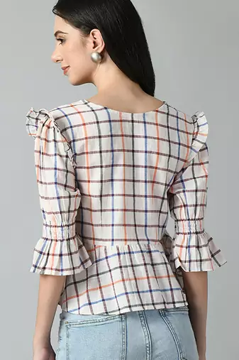 Checked square neck puff sleeves pleated detailed peplum top