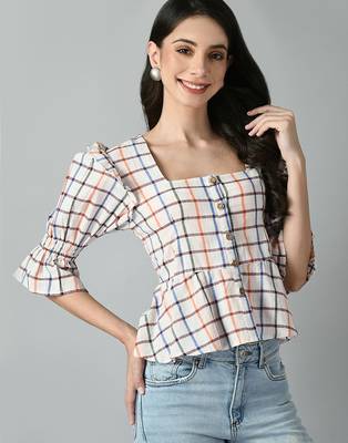 Checked square neck puff sleeves pleated detailed peplum top 4