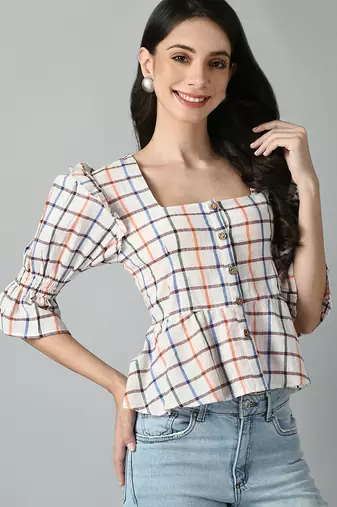 Checked square neck puff sleeves pleated detailed peplum top