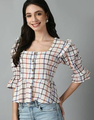 Checked square neck puff sleeves pleated detailed peplum top 5