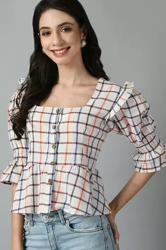 Checked square neck puff sleeves pleated detailed peplum top