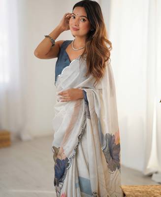 Chiffon digital print scallped border foil mirror work saree 4