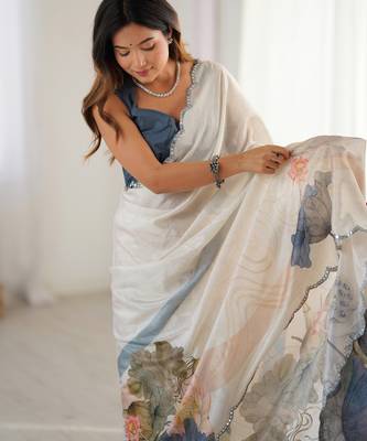 Chiffon digital print scallped border foil mirror work saree 5