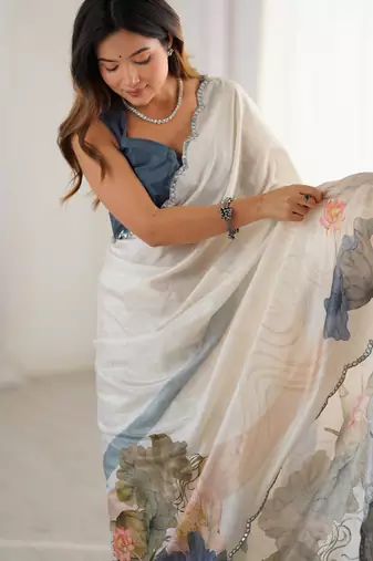 Chiffon digital print scallped border foil mirror work saree