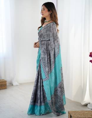 Chiffon digital print scallped border foil mirror work saree 2