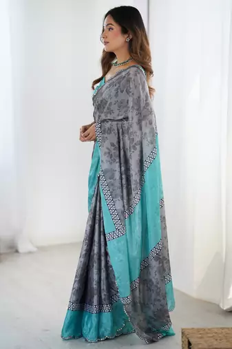 Chiffon digital print scallped border foil mirror work saree